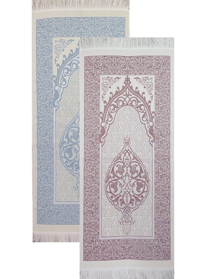 Modefa Islamic Prayer Mat Thin Woven Chenille and Taffeta Turkish Sajadah Intricate Design Metallic Ottoman Mat (White/Blue + White/Pink) - Image 1